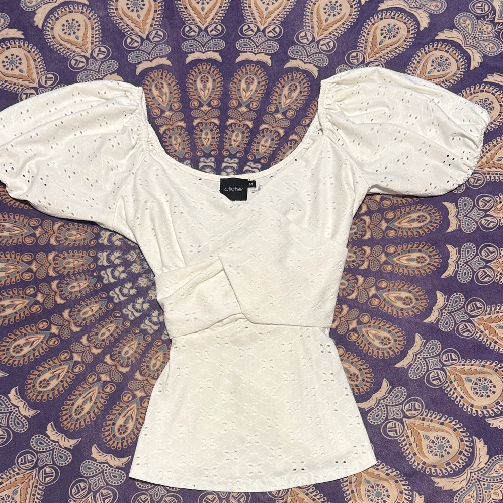 Elegant Cream Eyelet Puff Sleeve Top